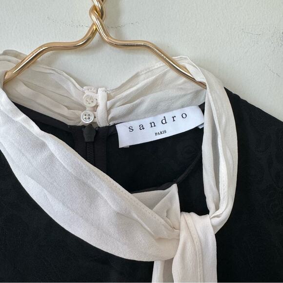 Sandro Ketty Rose Tie Neck Black Floral Jacquard Shift Mini Dress 1 / S - Picture 9 of 12